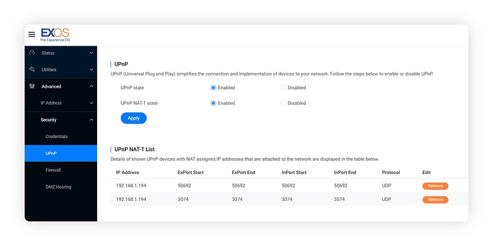 A screenshot of a router’s UPnP settings screen.