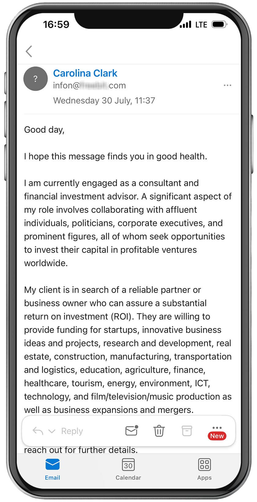An example of an investment scam email.