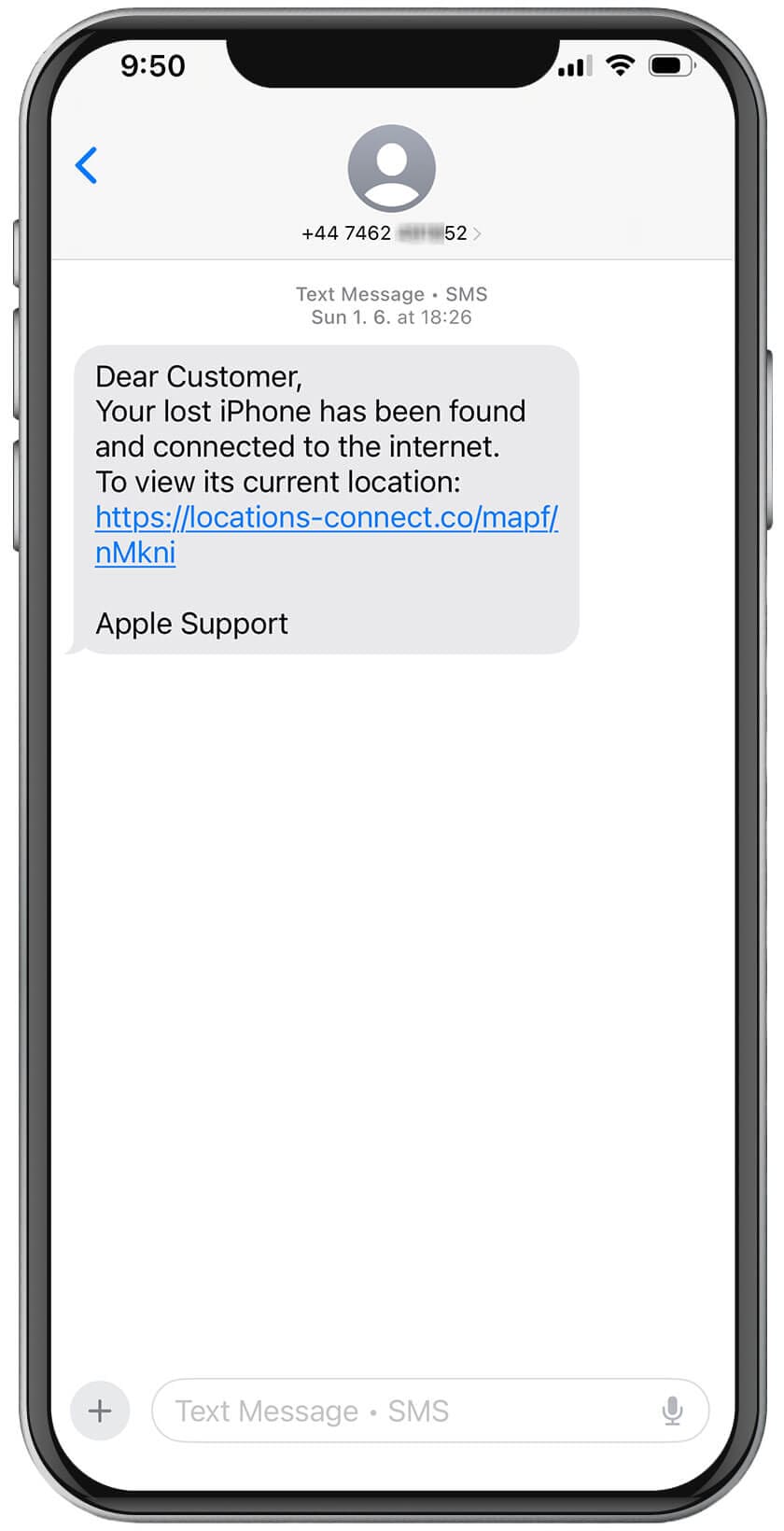 A lost iPhone phishing scam text.