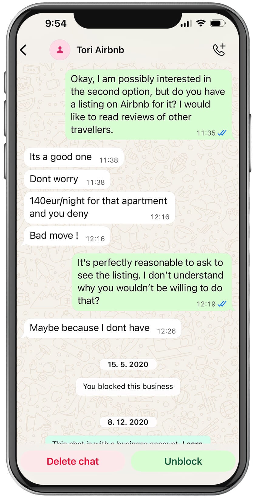 An Airbnb scam conversation on WhatsApp.