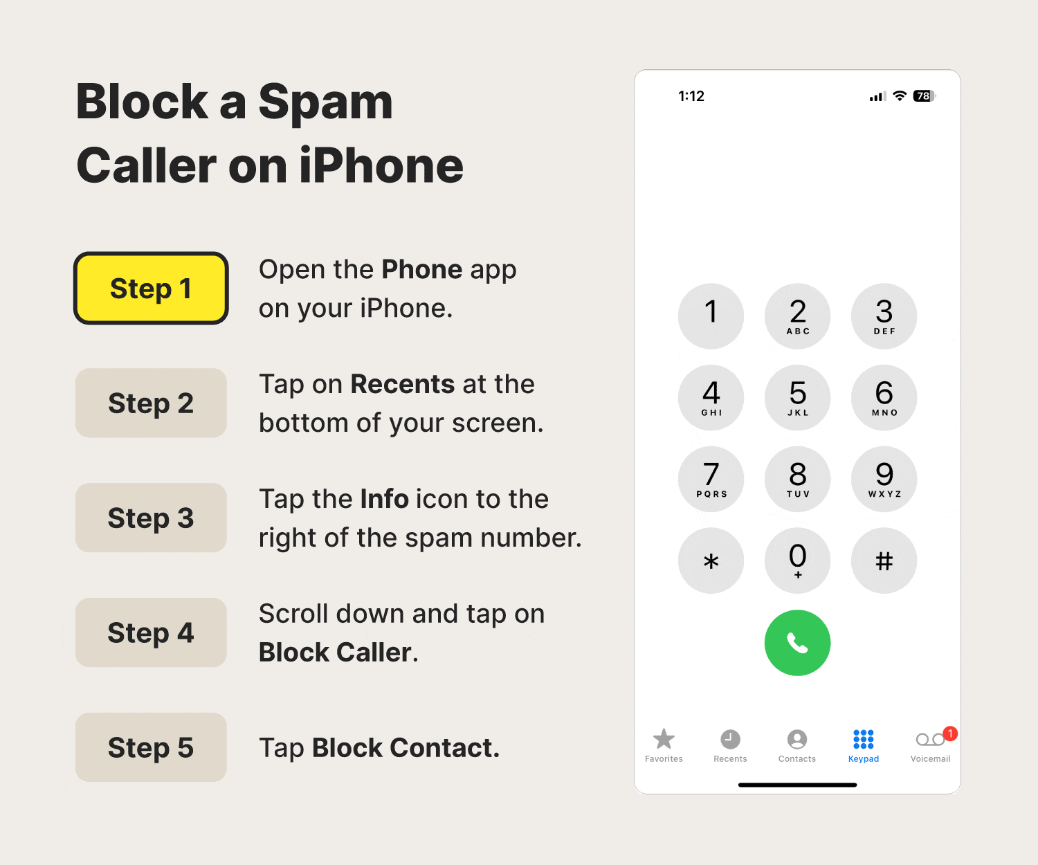 A GIF showing how to block a spam or scam caller on an iPhone.