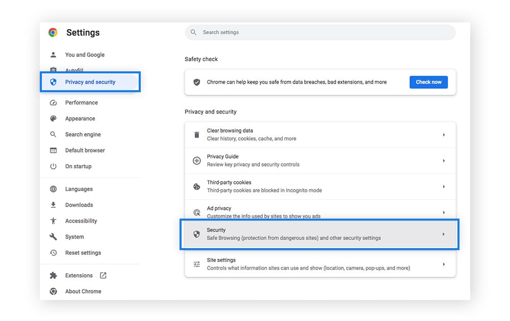 Google Chrome Privacy and security settings.