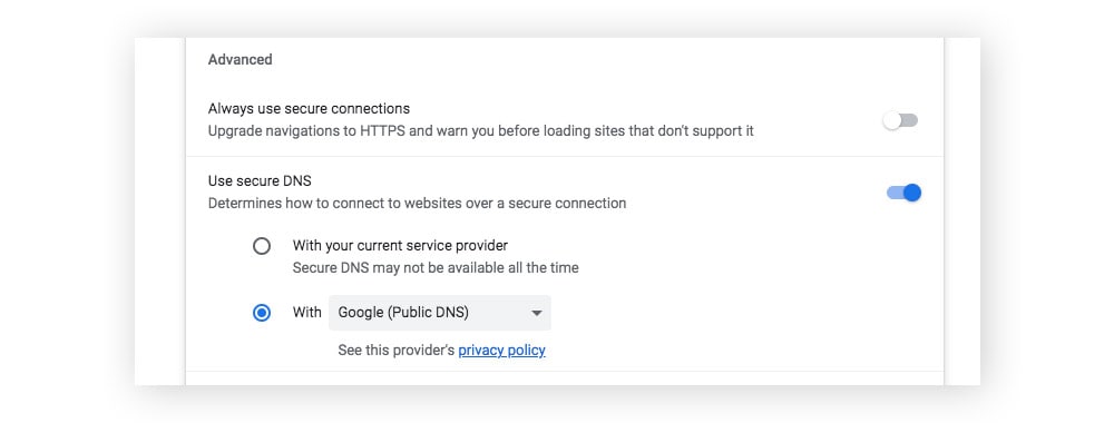 Enabling secure DNS within Google Chrome's advanced privacy and security settings.