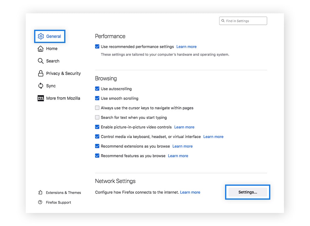 Selecting network settings within Firefox's general settings.