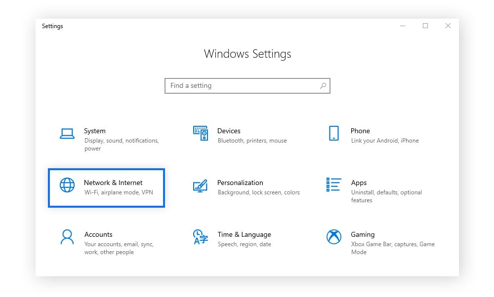 Opening Network & Internet setting via Windows start menu.