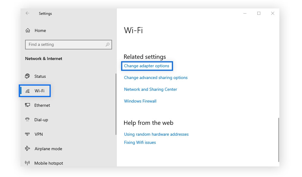 Changing adapter settings for a Wi-Fi network on Windows 10.