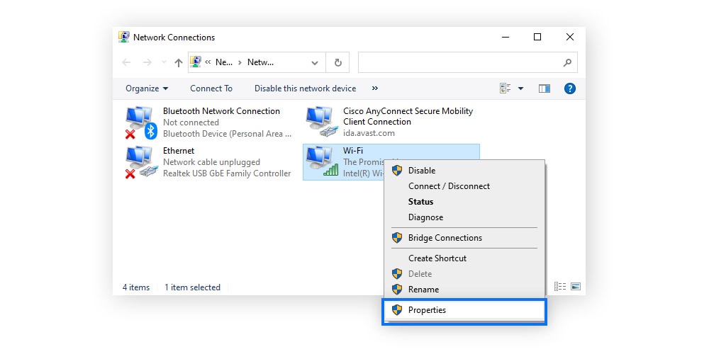 Opening properties for your chosen network connection on Windows 10.