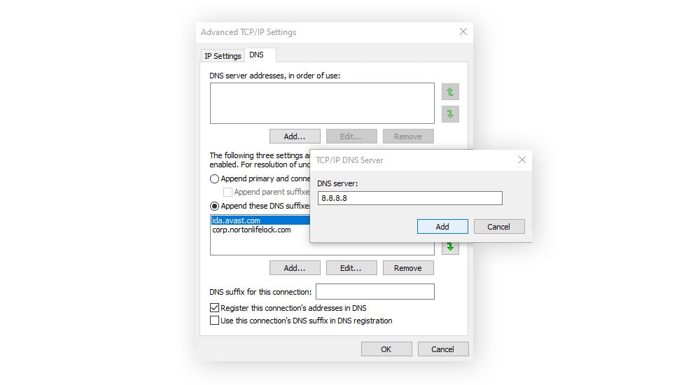  Entering a secure DNS server IP address in the Advanced TCP/IP Settings window.
