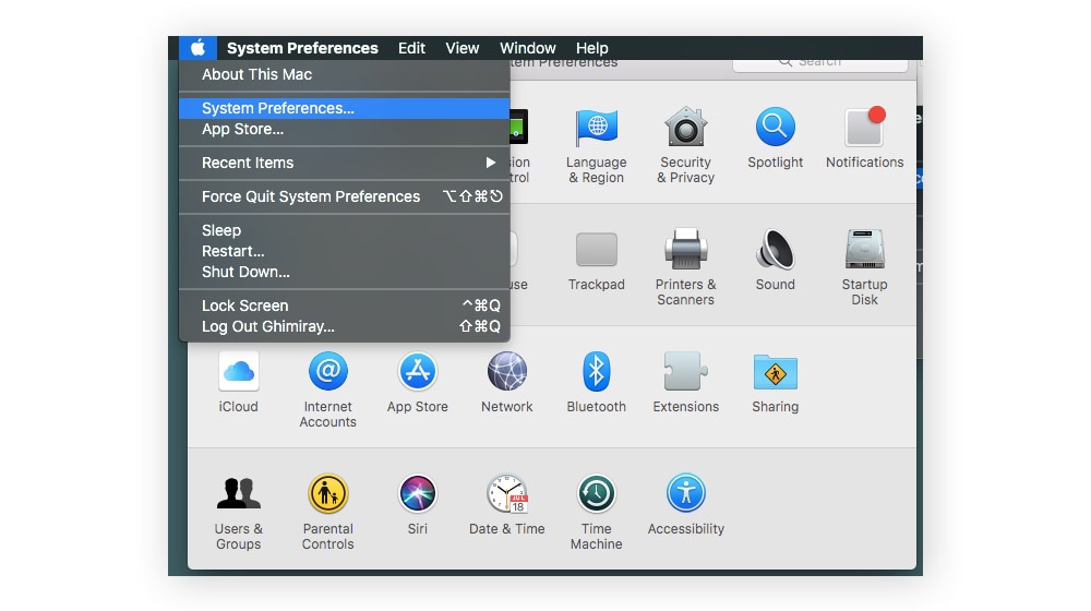 Opening the Apple menu, system preferences, and network settings on a Mac.