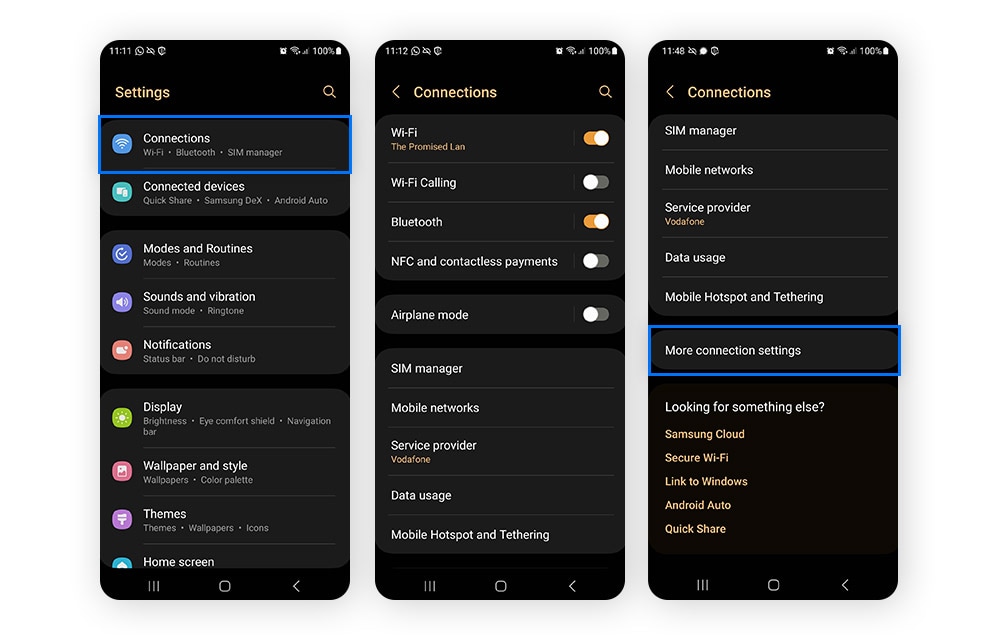 Opening network settings to begin configuring secure DNS on Android.