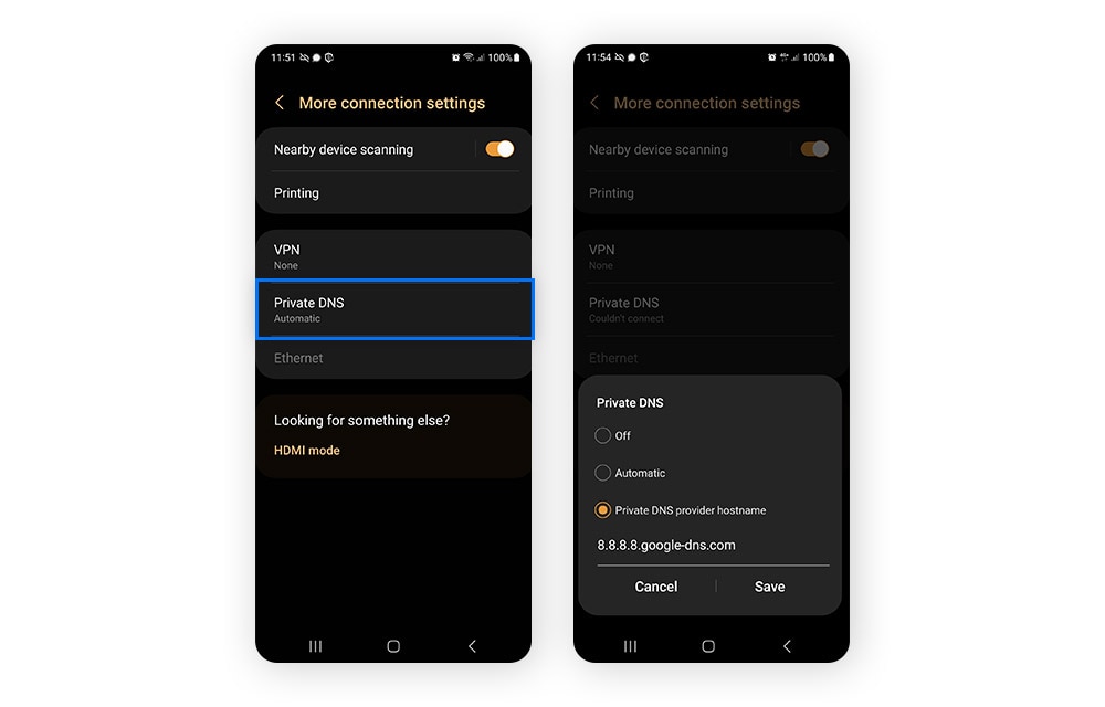 Enabling private DNS on Android.