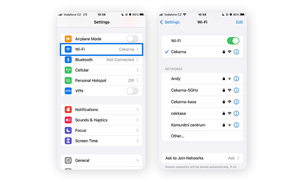Opening Wi-Fi network settings on iPhone to start enabling secure DNS.