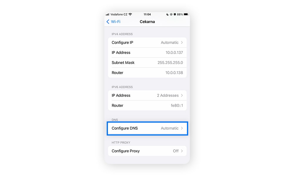 iOS Wi-Fi network (i) menu for selected network, with "Configure DNS" highlighted.