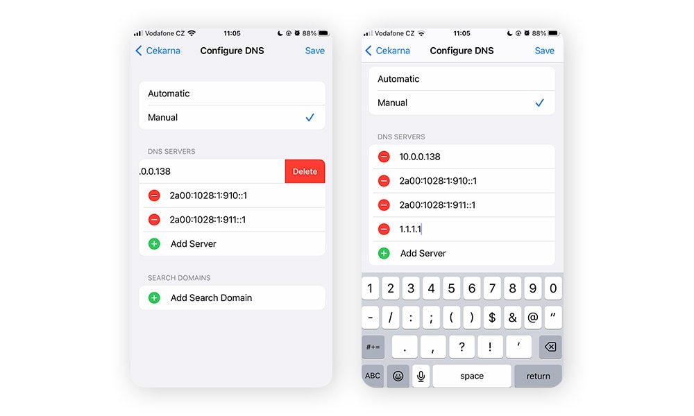 Removing listed DNS servers from network settings on iOS, then replacing them with a secure DNS server.