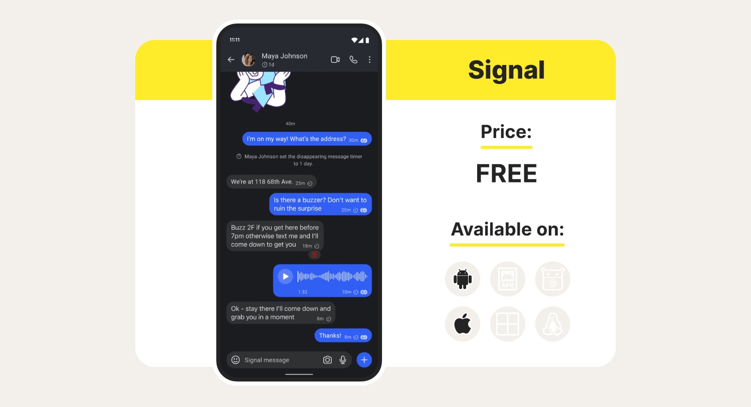 Screenshot showing a conversation between users on the Signal app. 