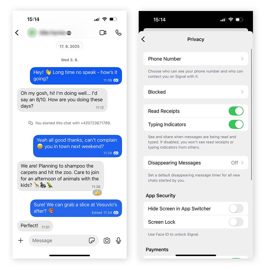 Screenshots demonstrating Signal user interface and privacy settings.