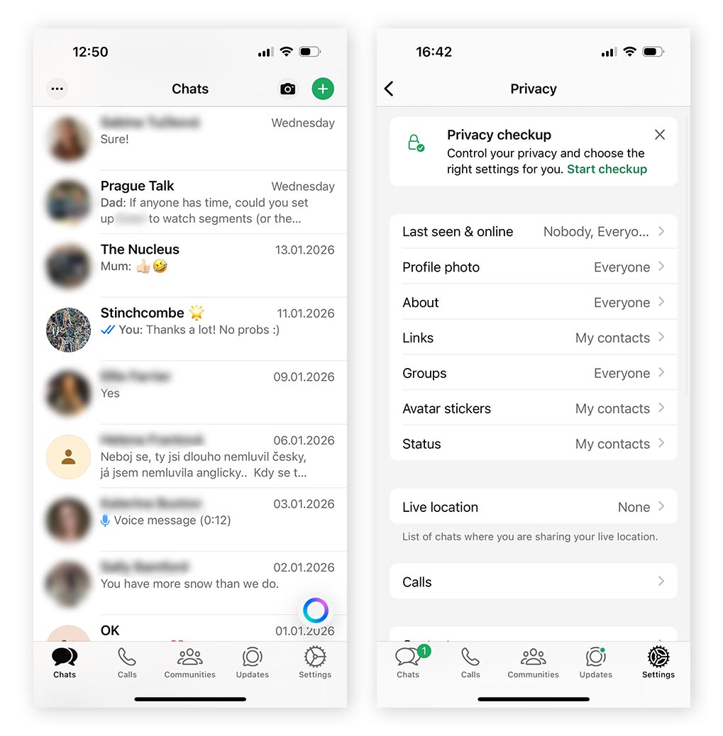 Screenshots demonstrating WhatsApp user interface and privacy settings.