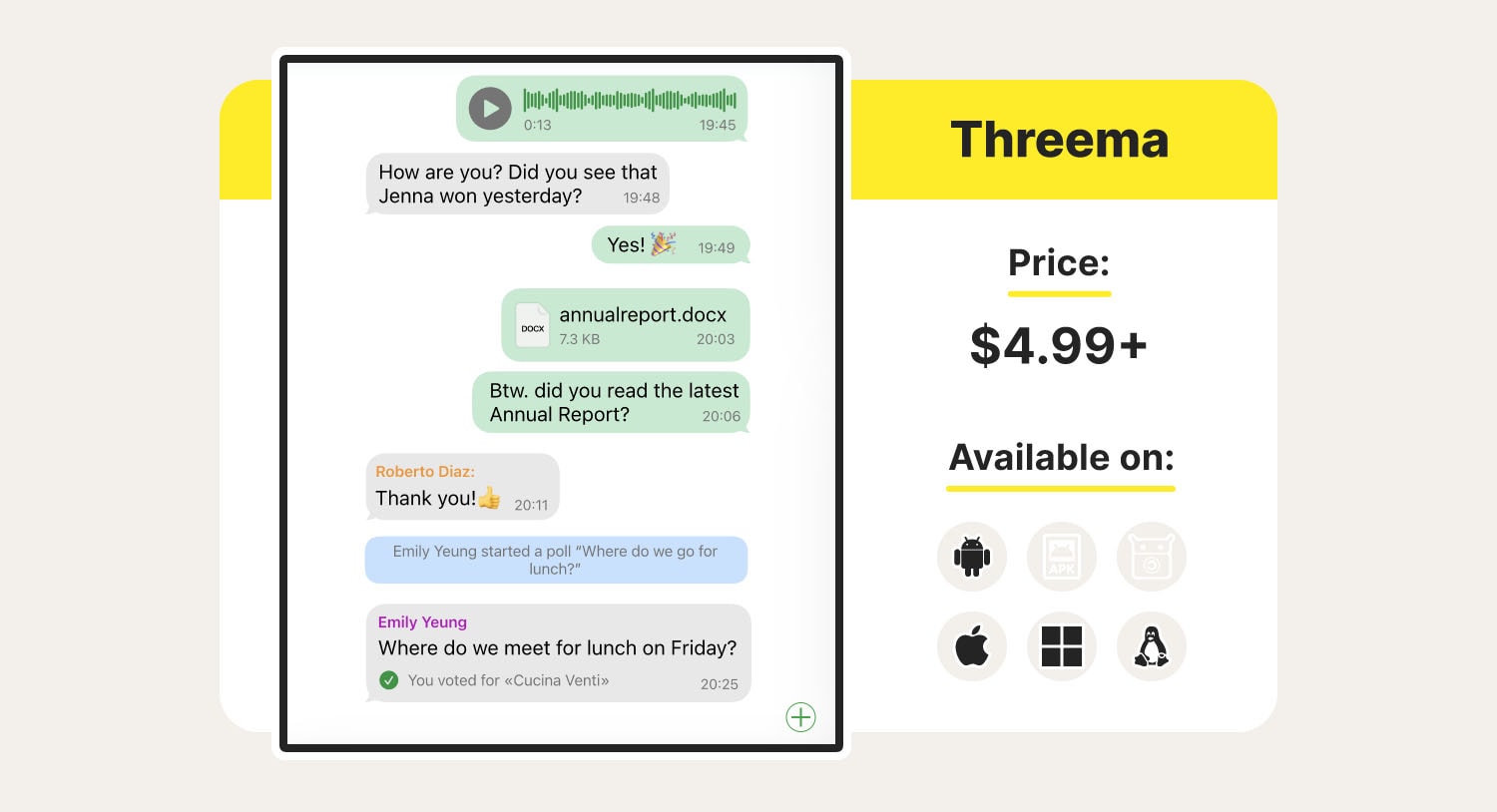A screenshot showing a conversation between users on the Threema secure messaging platform. 