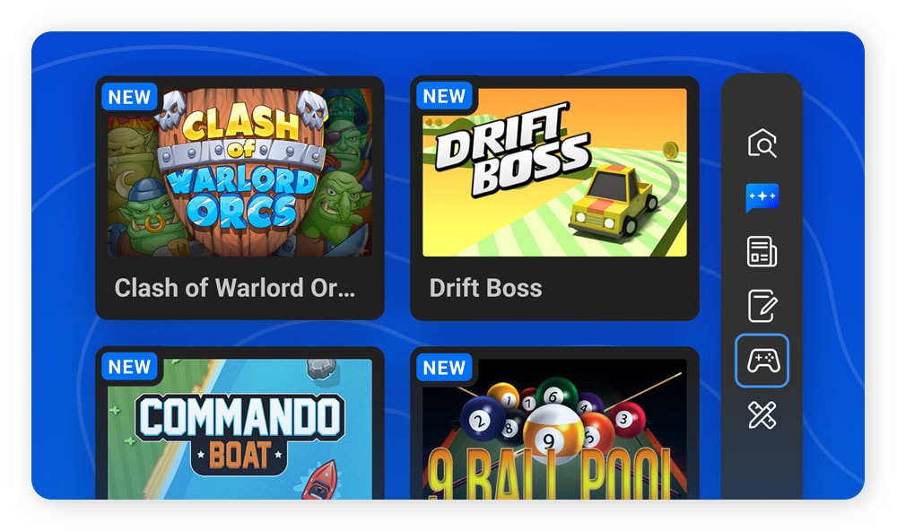 A screenshot of the Norton Private Browser Side Panel Games feature.