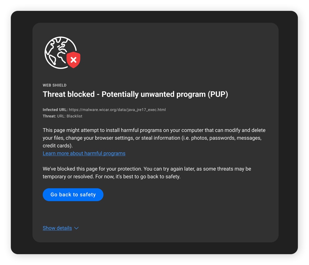 Screenshot of Norton Private Browser blocking a malicious site.