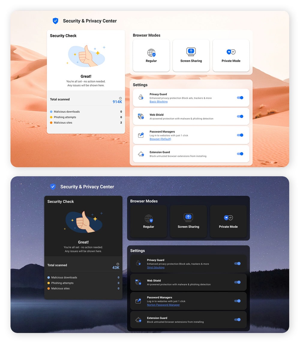 Screenshots of Norton Private Browser's redesigned Security & Privacy Center.