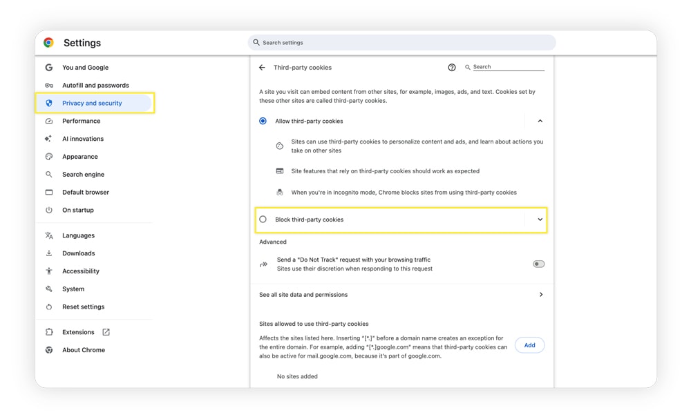 A screenshot showing how to manage cookie settings on Chrome.