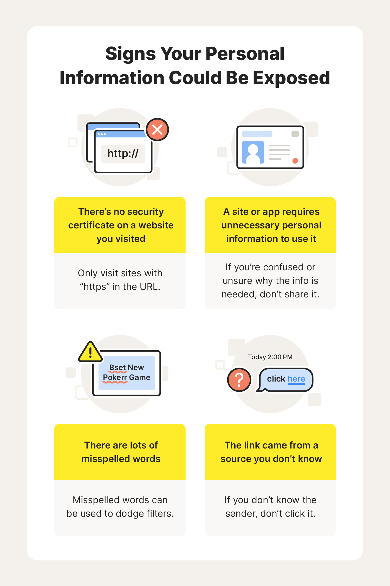 A graphic showcases warning signs that your information could be exposed, leading many to want to learn how to remove personal information from the internet.
