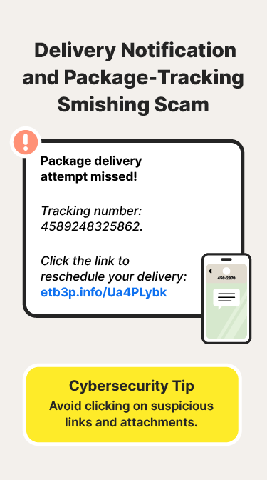An illustration shows an example of a delivery notification and package-tracking smishing scam paired with a smishing attack protection tip.
