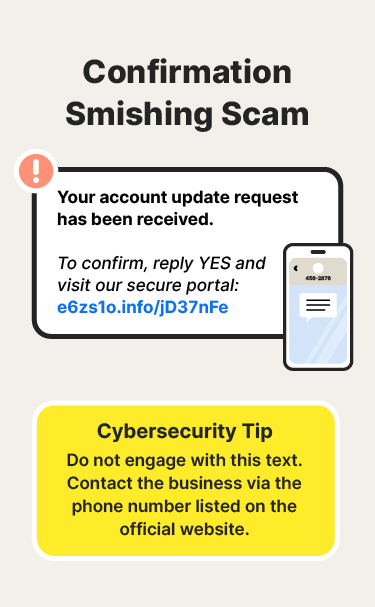 An illustration shows an example of a confirmation smishing scam paired with a smishing attack protection tip.