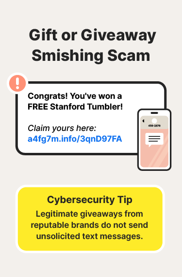 An illustration shows an example of a giveaway smishing scam paired with a smishing attack protection tip.