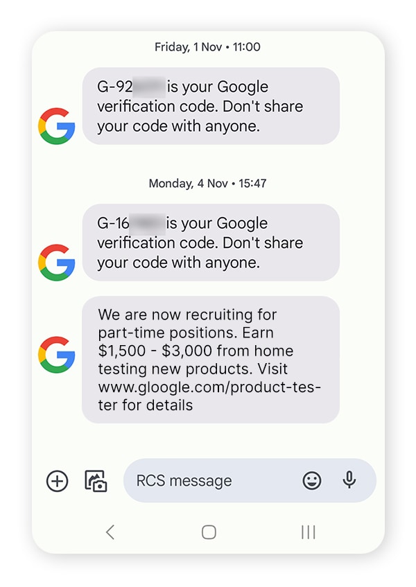 Screenshot of a spoof text in the same thread as a security alert from Google