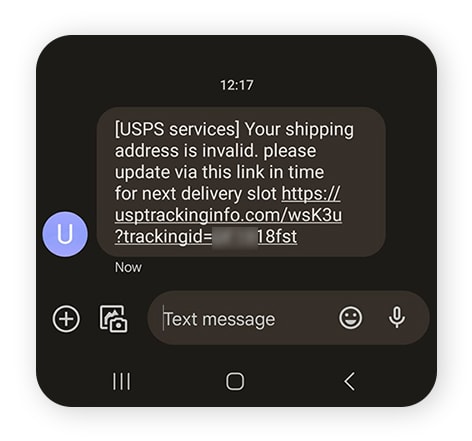 Screenshot of a spoofed text featuring a package delivery scam