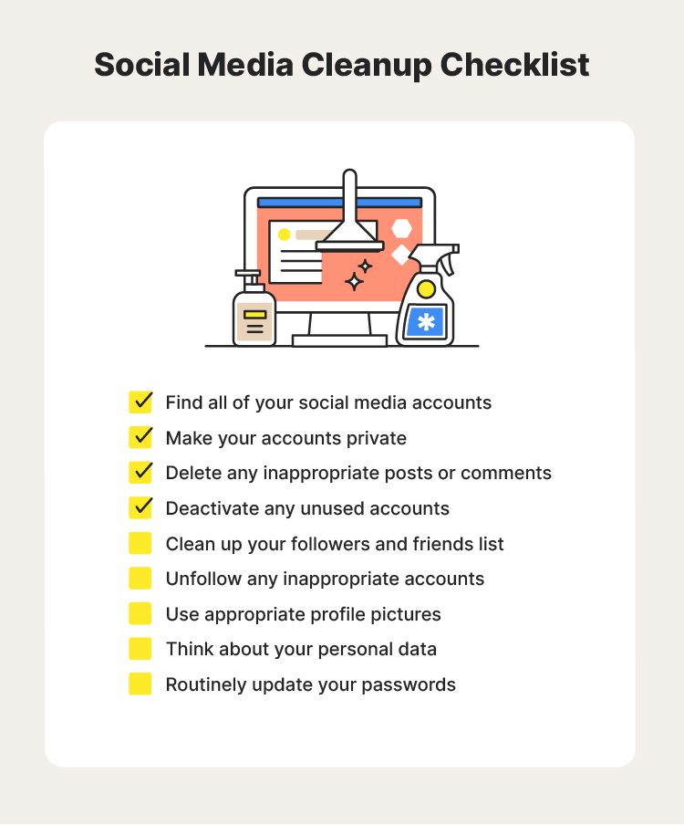 A graphic lists the nine tasks required to complete a social media cleanup with four tasks being marked as complete.