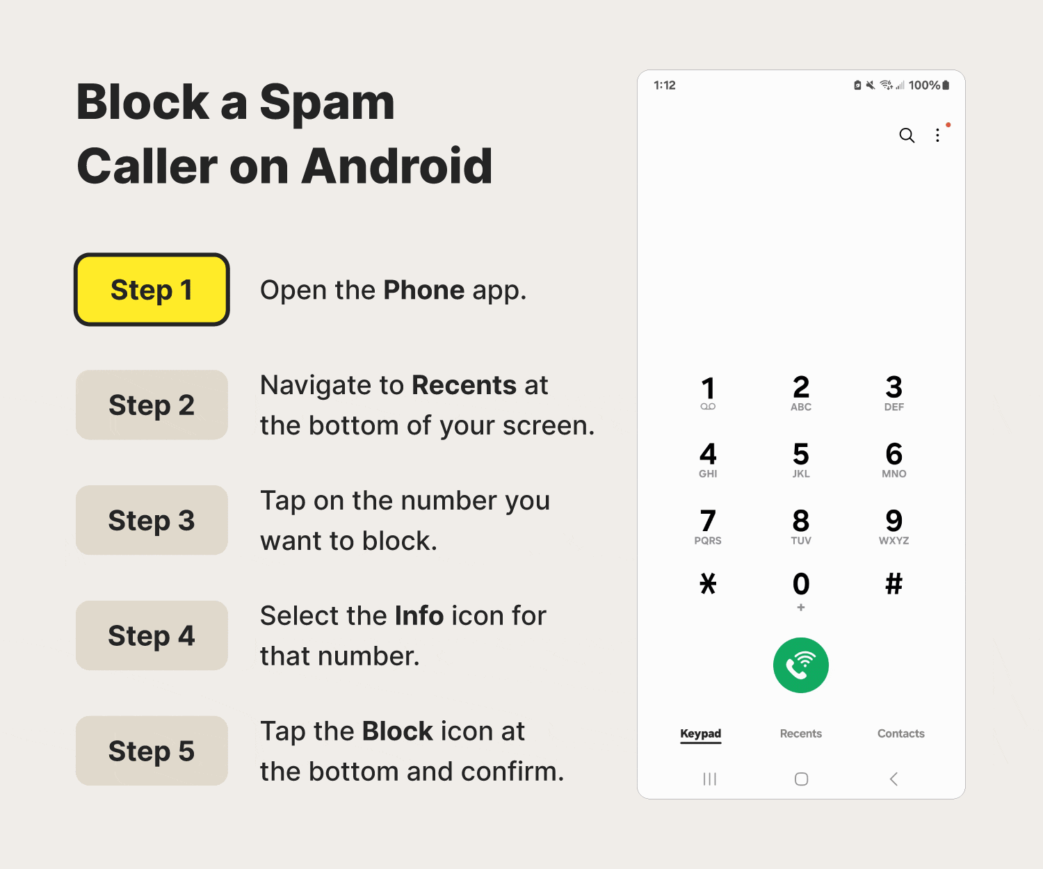 A GIF showing how to block a spam caller on Android.