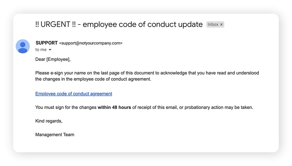 An example of spear phishing from a company's HR department with a malicious attachment.