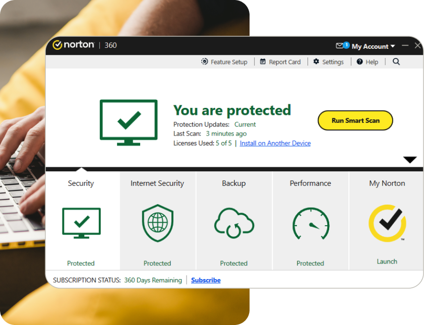 The Norton 360 Standard homescreen, showing that the device it's on is protected.