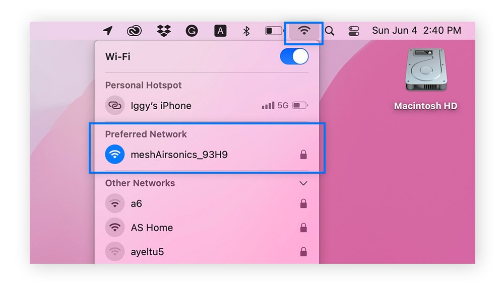 Finding the SSID of your current network connection on Mac.
