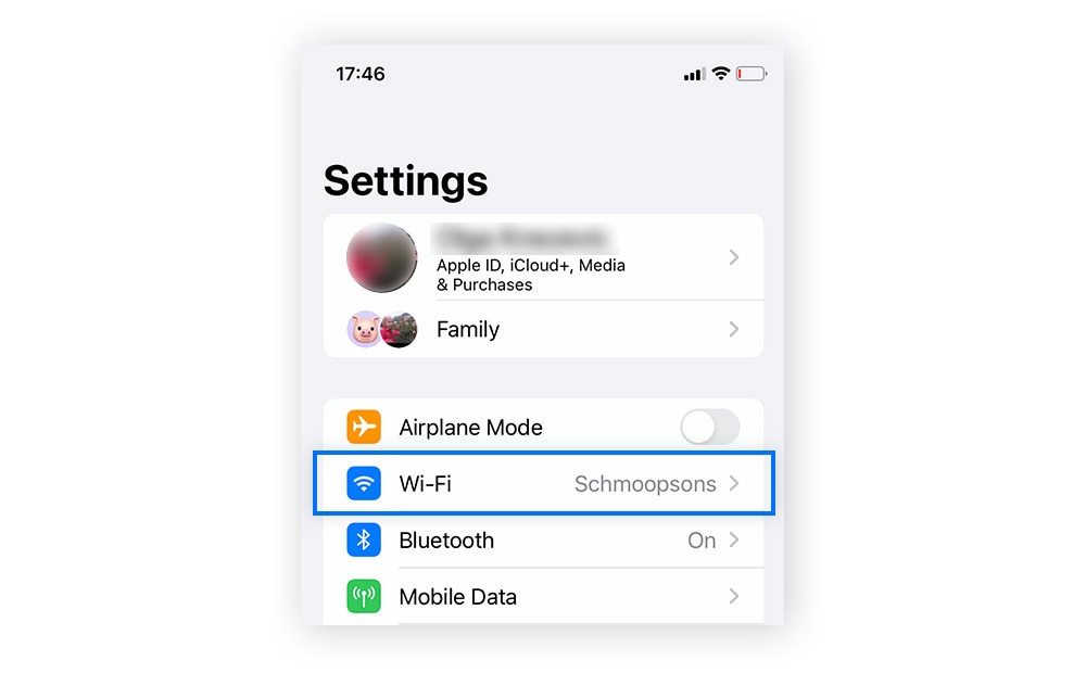 Opening Wi-Fi settings in iOS to find the SSID of your current network 