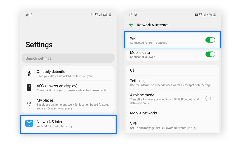 Opening Android Wi-Fi settings to find the SSID of your current network connection.