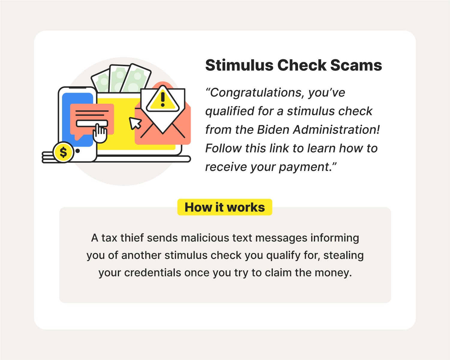 An illustration accompanies an explanation of how a stimulus check scam works in order to show the true dangers of IRS scams.