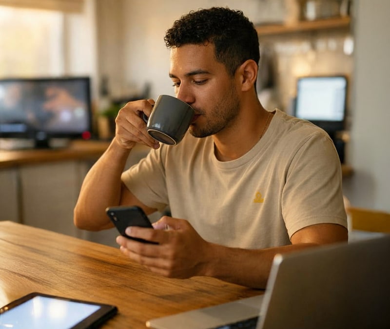 A man drinking coffee and looking at his phone.