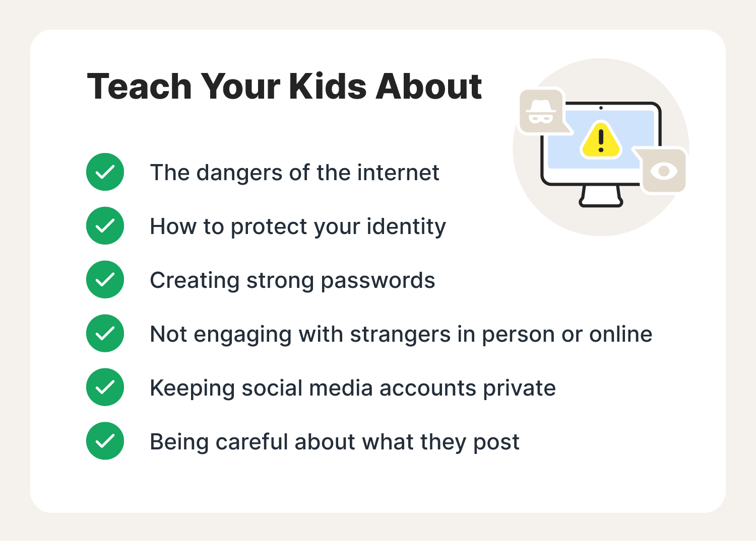 Illustrated chart with tips on internet safety for kids.