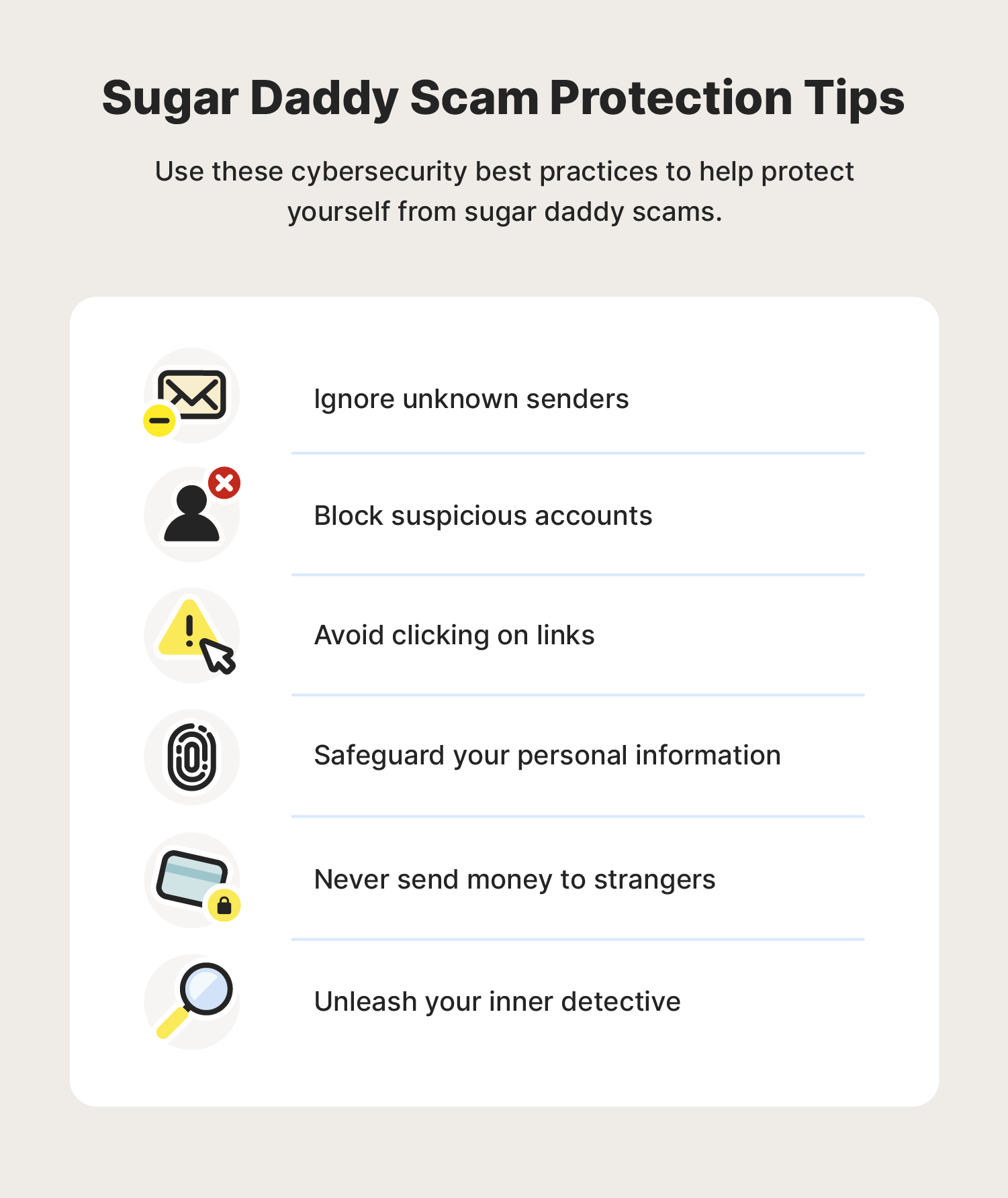 A graphic lists protection measures you can follow to help protect yourself from a sugar daddy scam.