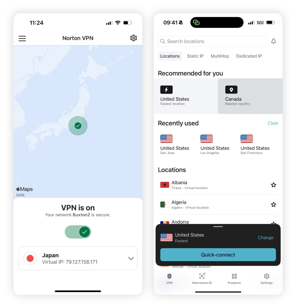 Screenshots comparing Norton VPN and Surfshark iPhone platforms.