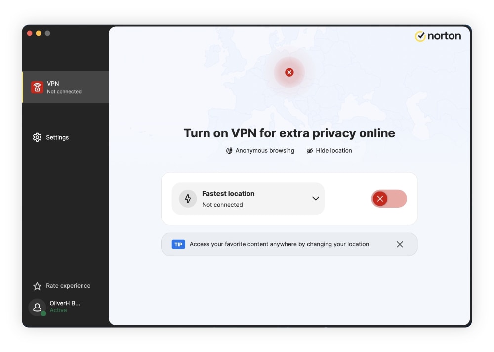 Screenshot of the Norton VPN interface on desktop.