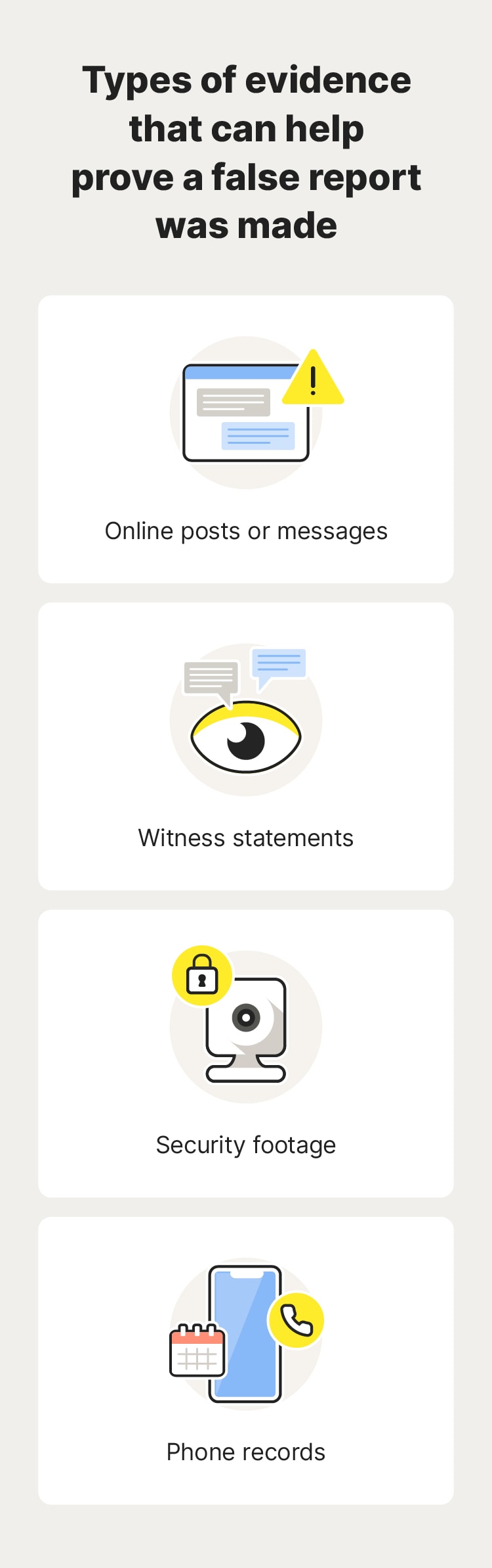 An image overviewing types of evidence you can use to dispute false reports against you.