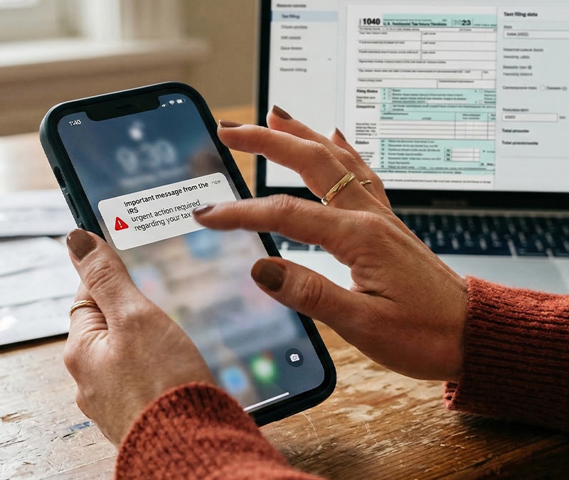 A woman getting a malicious pop-up notification on her phone.