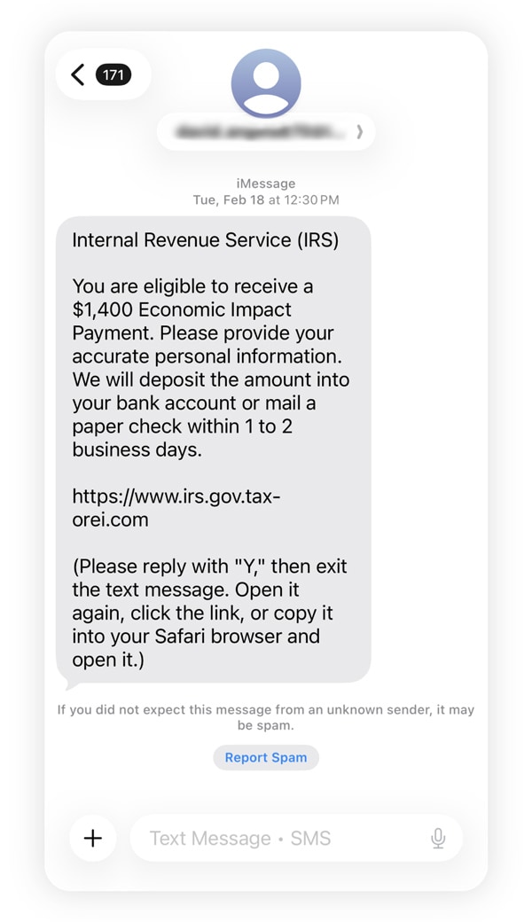 An iPhone screenshot of an IRS text scam.