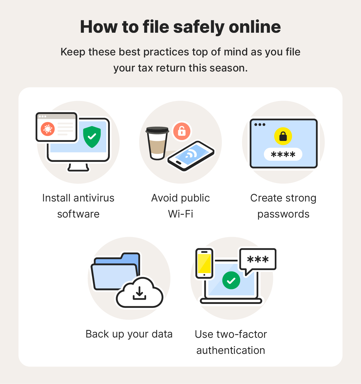 Five illustrated tips on how to file your taxes more safely online.