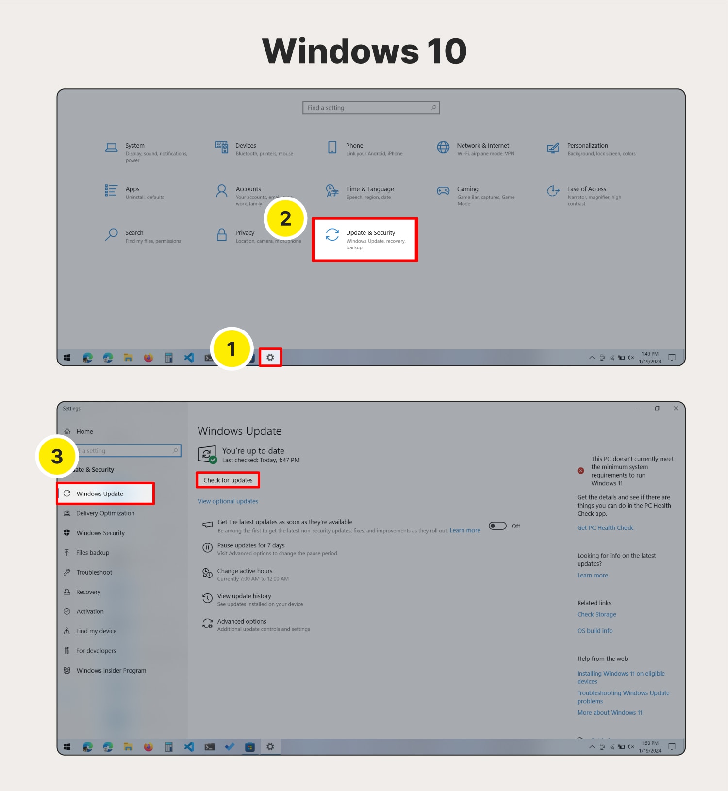 Screenshot showing how to update the operating system on Windows 10.